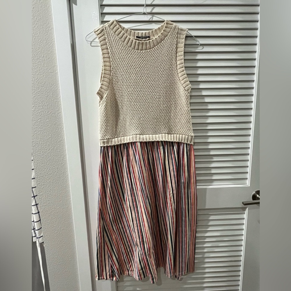 Zara Midi Dress with Cream Knit Top and Multicolor Striped Skirt